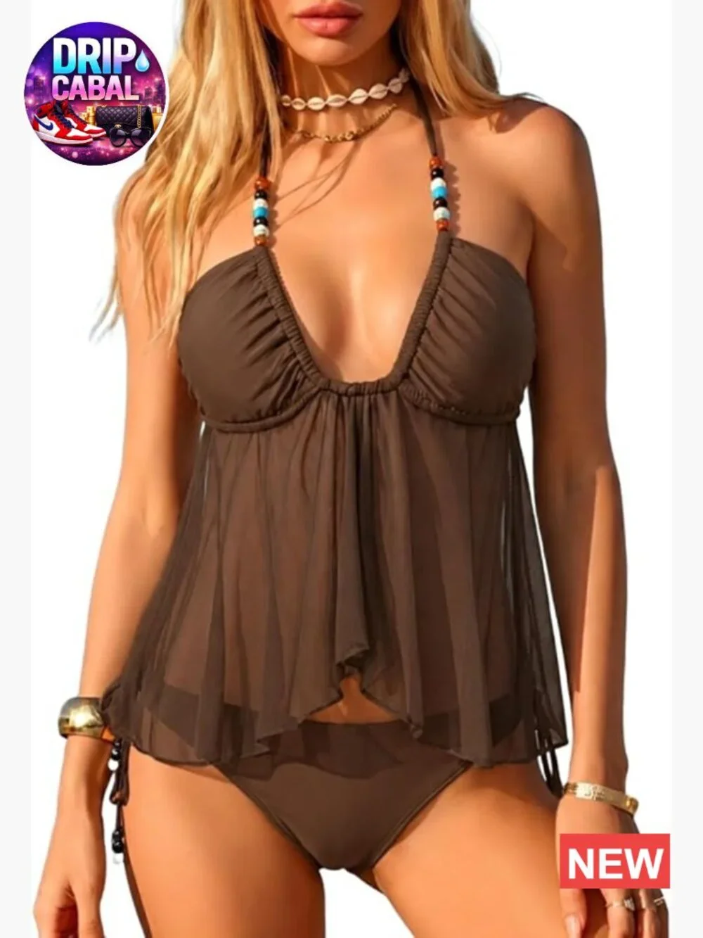 Flowy Mesh Halter V Neck Bandeau Swim Top & Cheeky Tie Side Thong 2 Piece